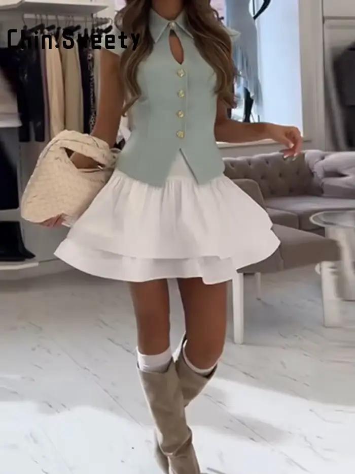 Ensemble chic pour femme : haut cintré à revers ajouré à manches courtes et pantalon large