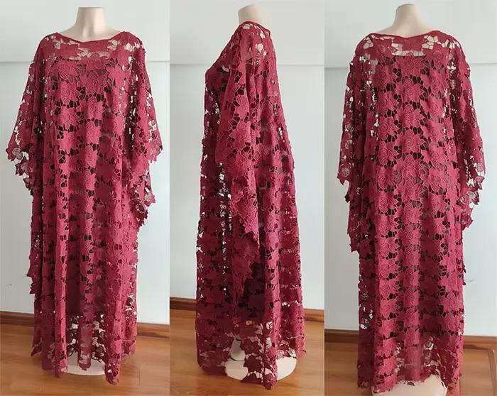 Femmes Robe en dentelle ample fête longue avec doublure col rond poignet manches chauve-souris mode confortable