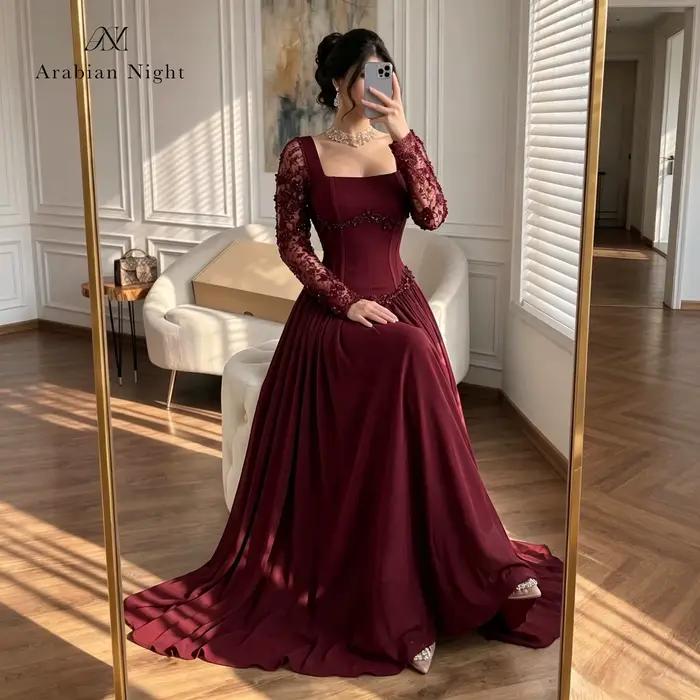 Robe de soirée classique brodée bordeaux coupe trapèze pour femme