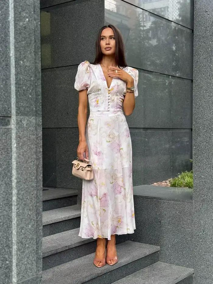 Robe longue artistique verte à motifs floraux