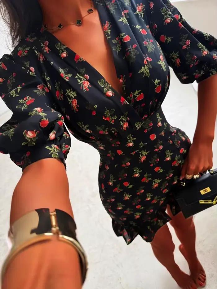 Robe d'été décontractée pour femme à taille haute, style bohème, mini-robe de plage à volants, imprimé floral vintage, robe de soirée à manches courtes