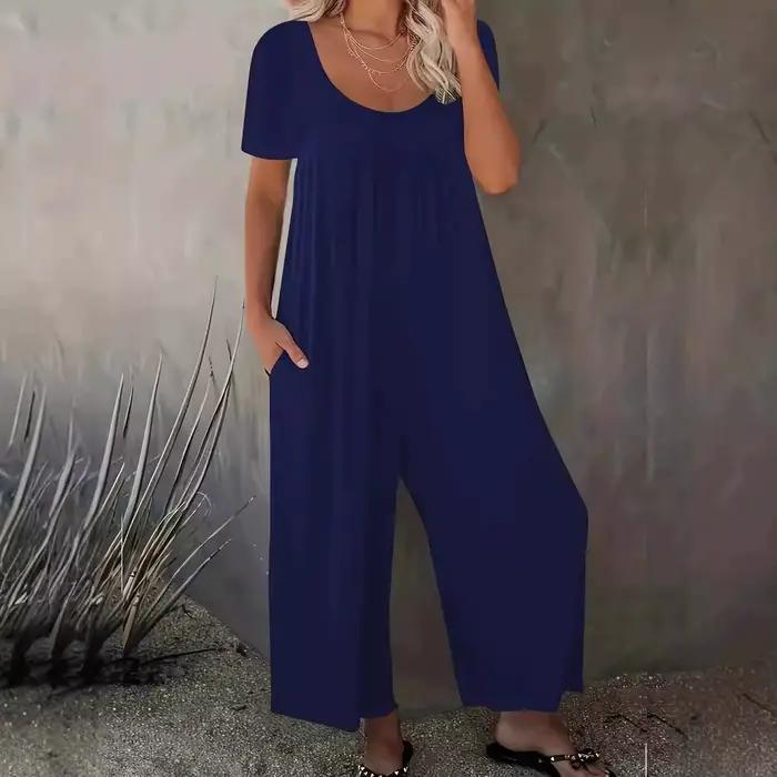 Grande taille 0XL-5XL barboteuses d'été salopette femme couleur unie combinaison avec poches décontracté mode manches courtes combinaisons