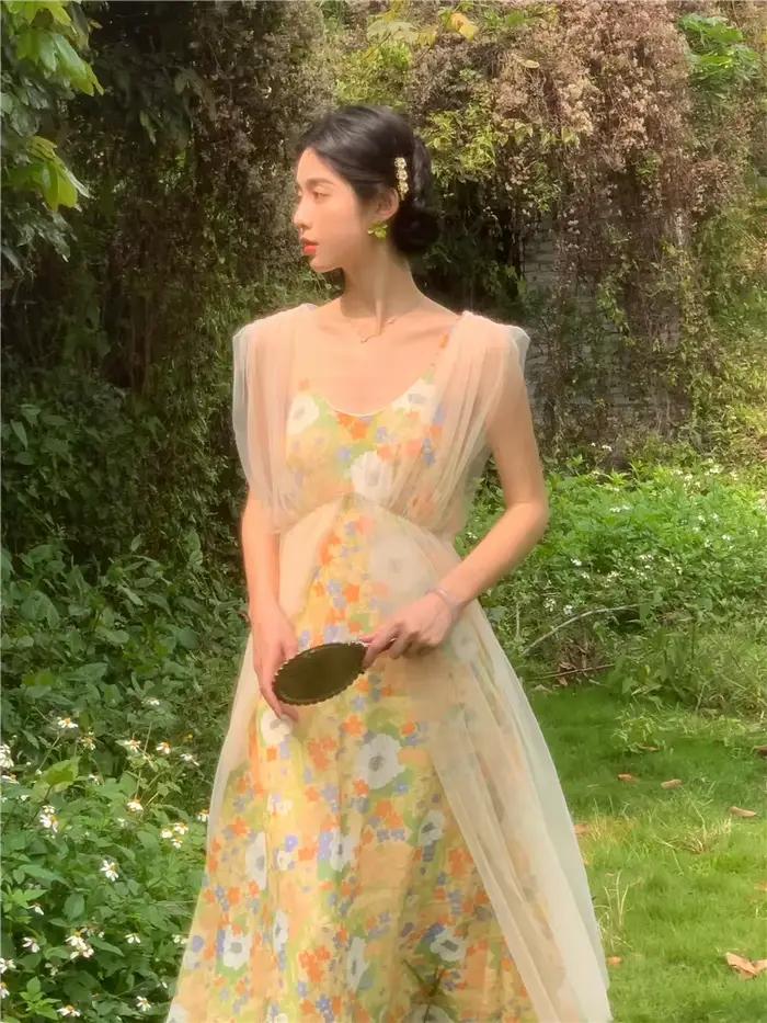 Robe féerique d'été Vintage Mori Girl en Polyester et Maille pour Femmes Occasions Spéciales