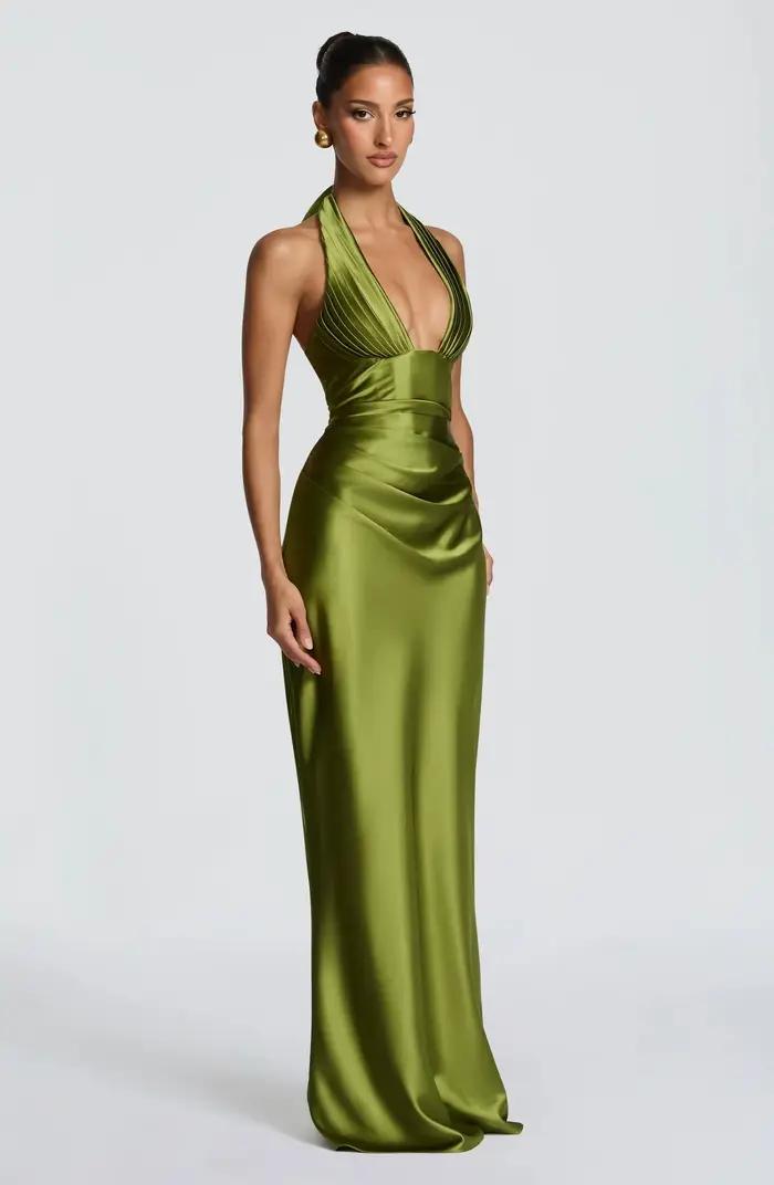 Robe de soirée formelle en satin vert olive pour femme