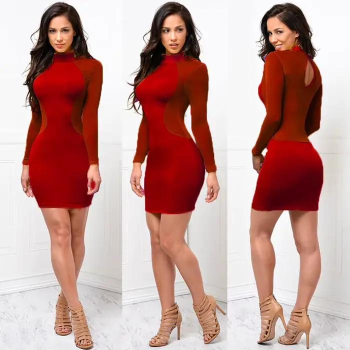 Robes d'été nouvelles femmes été décontracté à manches longues col rond robe dos nu Sexy dentelle voir si Mini
