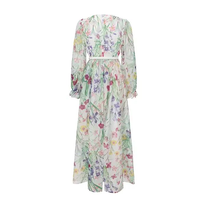Robe de soirée longue élégante de style français vintage pour femmes, robe à manches évasées, col en V, dentelle imprimée, robe chic pour les vacances, les fêtes