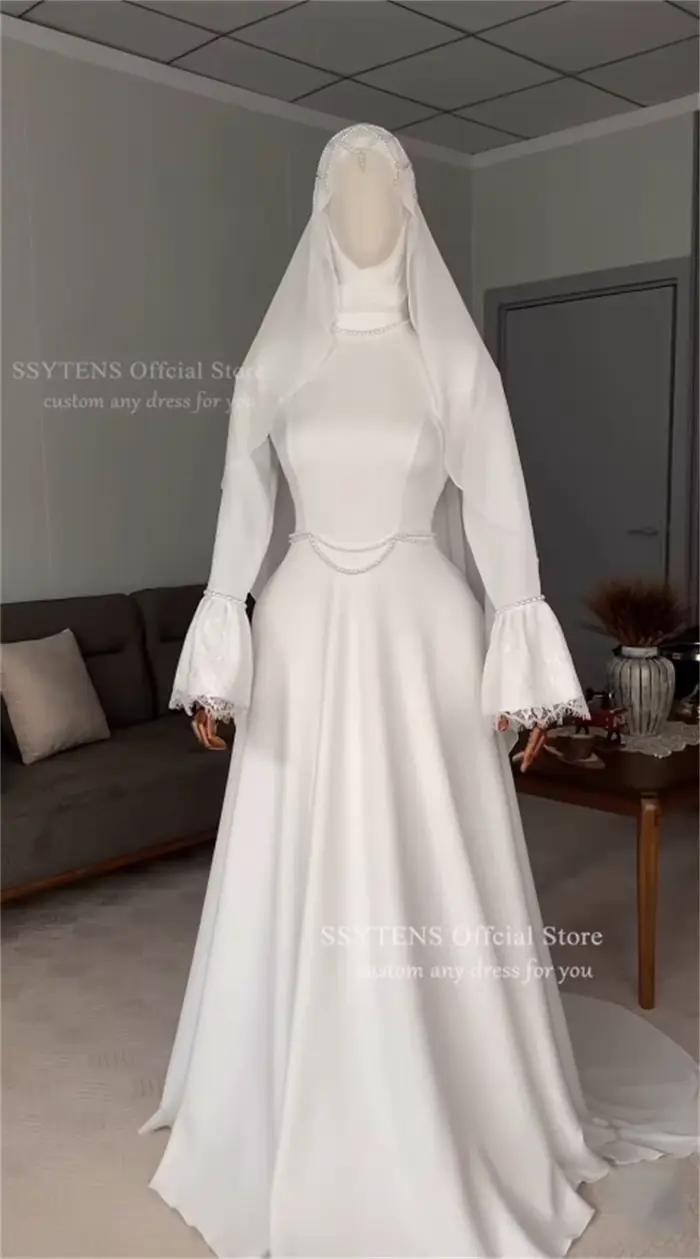 SSYTENS Robes de mariée musulmanes modestes pour les mariées, personnalisées, en dentelle ivoire, coupe trapèze, avec perles, pour Nikkah, longues, Vestidos De Noiva