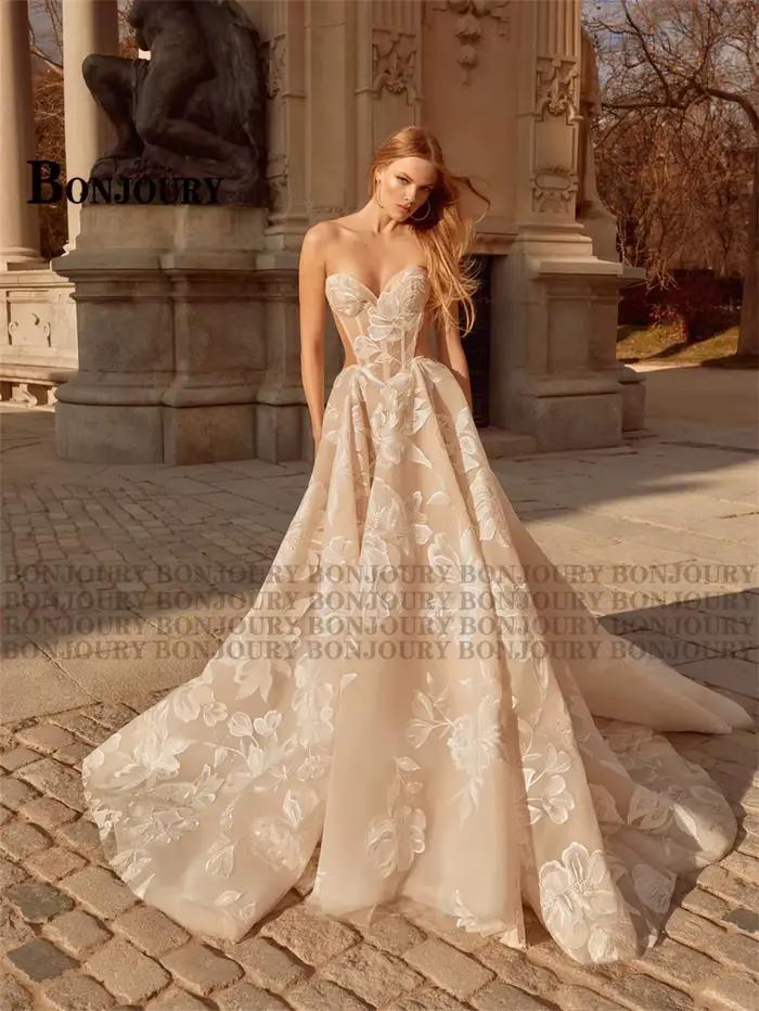 BONJOURY Dapper a-ligne robes de mariée pour Mariages Appliques fermeture éclair manches bouffantes Court Train