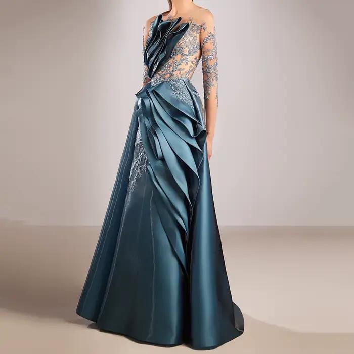 Robe de soirée sirène personnalisée simple longueur au sol col rond manches longues bal fleurs plissées drapée occassions spéciales mariage cérémonie remise de diplôme soirée festive