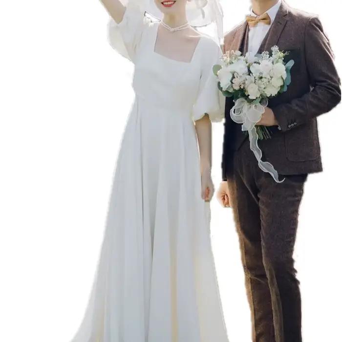 Robe de mariée légère avec col carré et manches à bulles Super féeriques de Style forêt