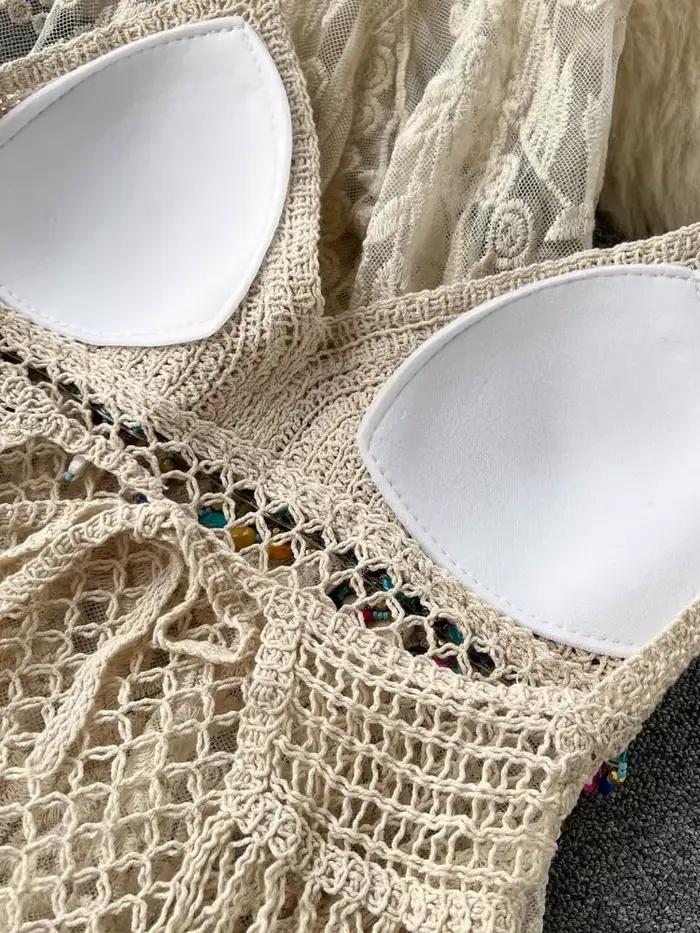 Nouvel ensemble de vacances d'été pour femme : Cardigan brodé en dentelle + haut à franges + short ajouré