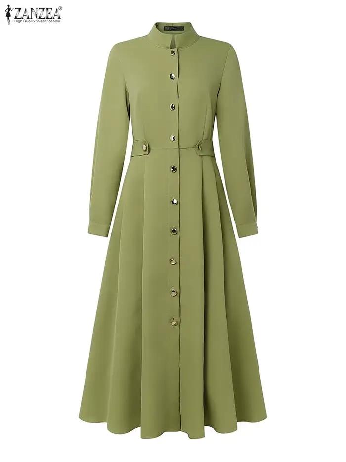 Femmes élégantes a-ligne robes mi-longues ZANZEA décontracté col montant à manches longues boutonné robe longue 2025 automne femme vêtements S-3XL
