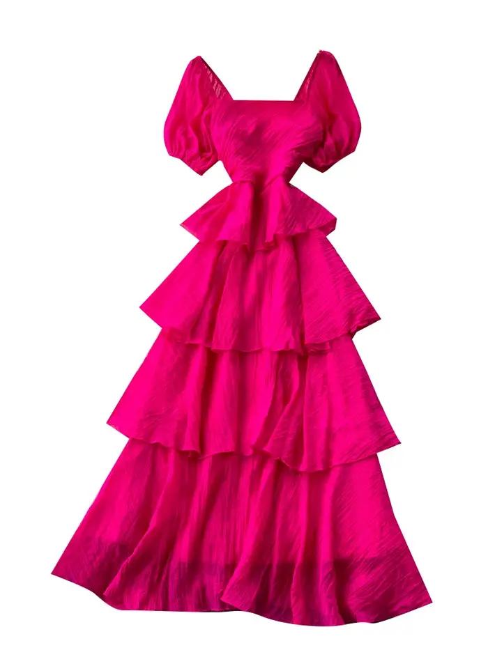 Robe longue d'été pour femme à col carré et manches bouffantes