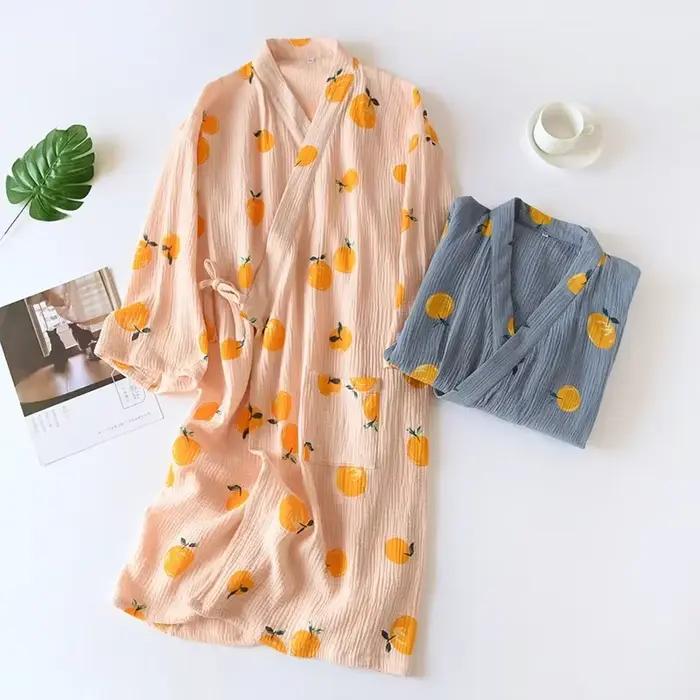 Kimono japonais robe de chambre printemps et automne dames coton crêpe tissu mince été peignoir service à domicile