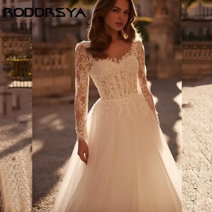 RODDRSYA classique élégance robe de mariée a-ligne manches longues dentelle robes
