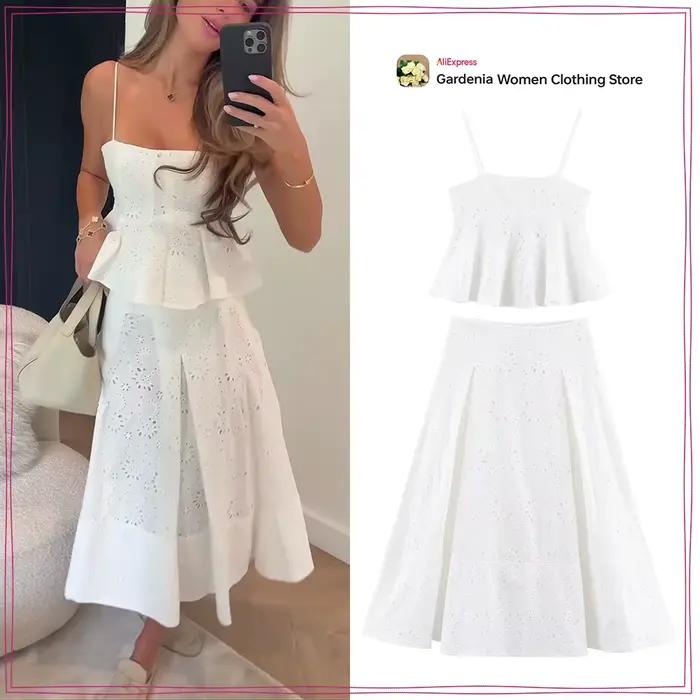 Femmes vacances d'été Co Ord tenues élégant blanc brodé 2 pièces ensemble haut court avec fines bretelles correspondant Cape jupe Midi