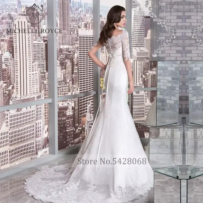 Michelle Royce robes De mariée sirène élégant col bateau Appliques découpé Empire bouton ceintures nœud Court Train Vestido De Novia
