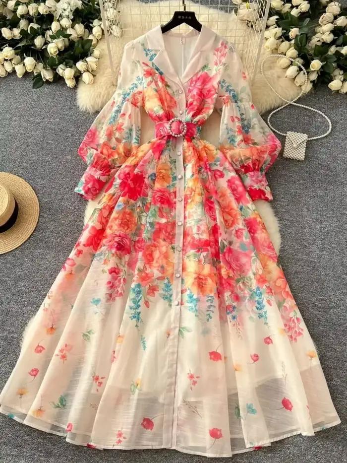 Palais robe Maxi florale femmes vacances d'été robes longues chemise 2025 printemps manches