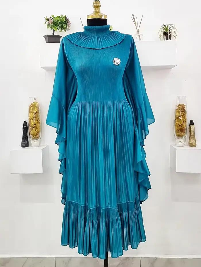 ANLAN 2024 printemps nouvelle robe plissée mode revers manches à volants couleur unie robes amples vêtements élégants pour femmes 7AK30392