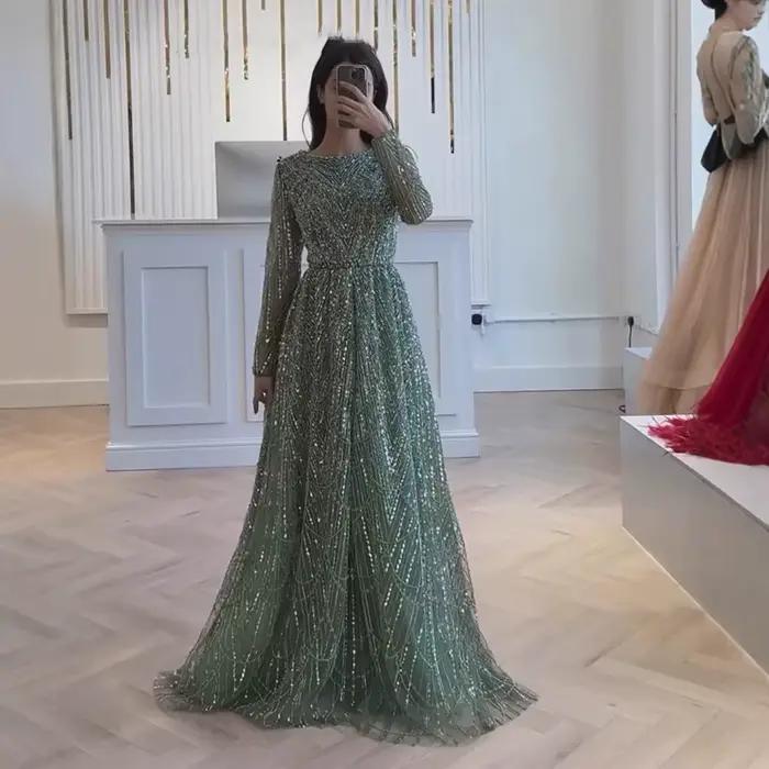 Luxe vert Olive à manches longues perlée une ligne robe de soirée pour la fête de mariage bal Serene Hill 2025 personnalisé LA72738B grande taille