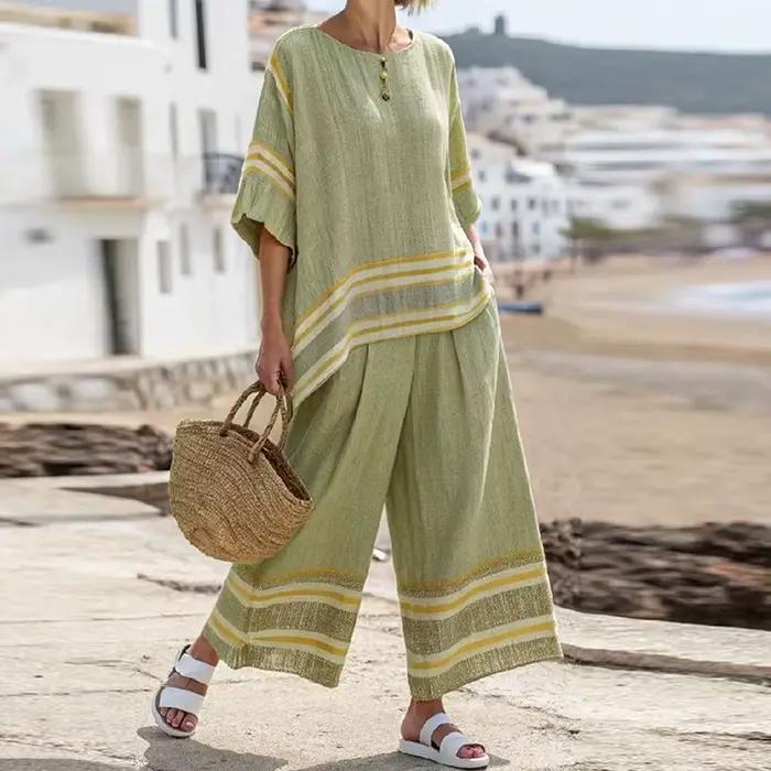 Vintage vacances rayé imprimé décontracté deux pièces ensemble femmes demi manches chemise taille haute pantalon ample costume 2025