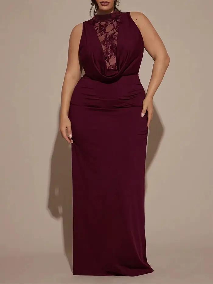 Robe longue sans manches grande taille pour femme avec empiècements en dentelle