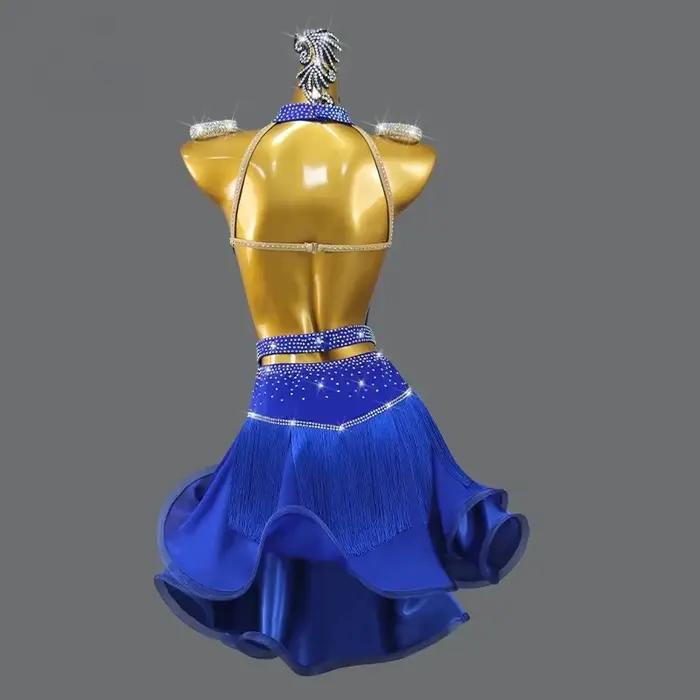 Robe de danse latine bleue 2026 élégante pour femmes compétition bal promotionnelle strass motifs nylon tricoté