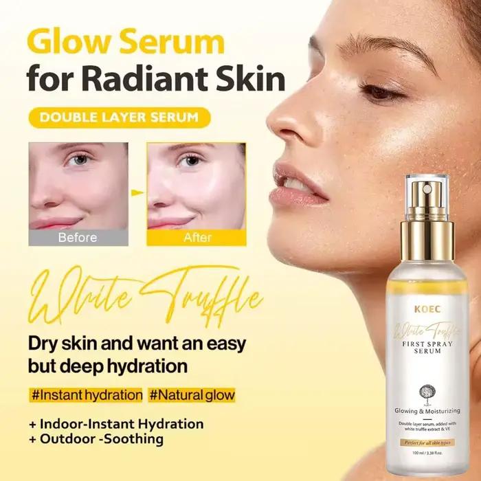 Sérum Visage Éclatant au Premier Spray à l'Extrait de Truffe Blanche Coréenne, Vitamine E Antioxydante, Essence Réparatrice pour le Visage, Soin Portable Maquillage