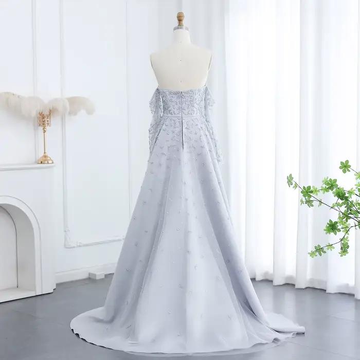 Robe de soirée de luxe Sharon Said gris argenté avec manches et jupes superposées pour femme