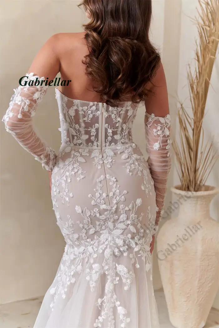 Gabriellar élégant sirène robes De mariée sans bretelles dentelle Appliques Tulle plissé balayage Train Brautkleid