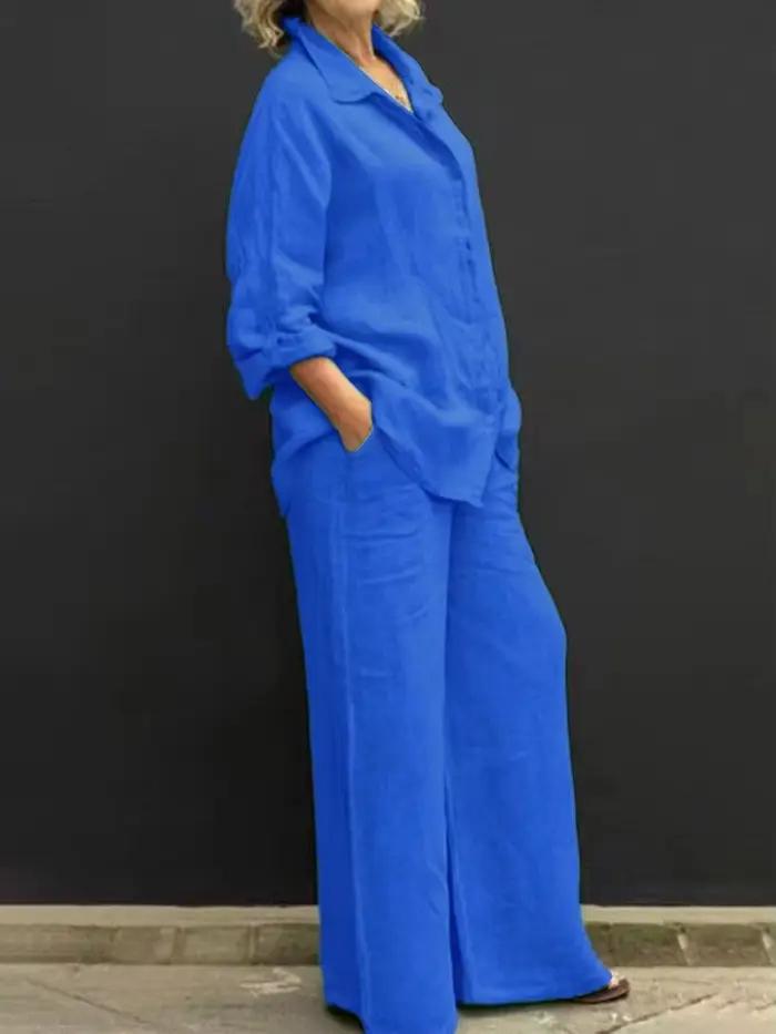 Ensemble chemise décontractée en lin pour femmes, 2 pièces, mode revers, manches longues, boutons, chemisier et pantalon, tenues amples, jambes larges, costumes