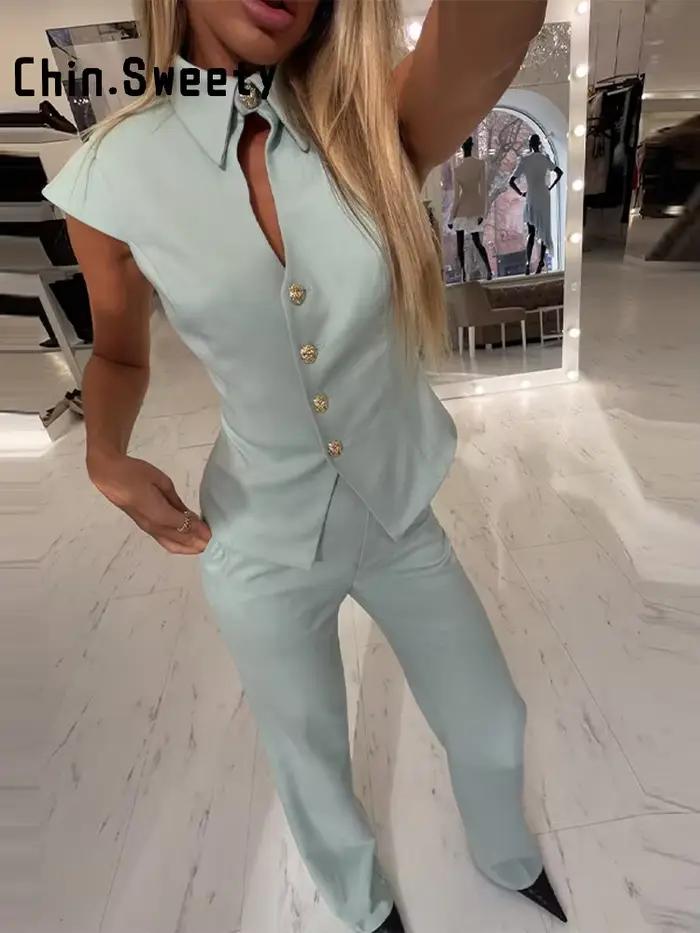 Ensemble chic pour femme : haut cintré à revers ajouré à manches courtes et pantalon large