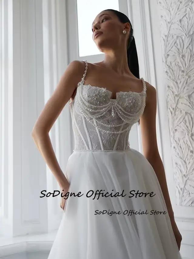 Robes de mariée SoDigne en tulle/ Dentelle coupe trapèze 2026 sans manches avec perles