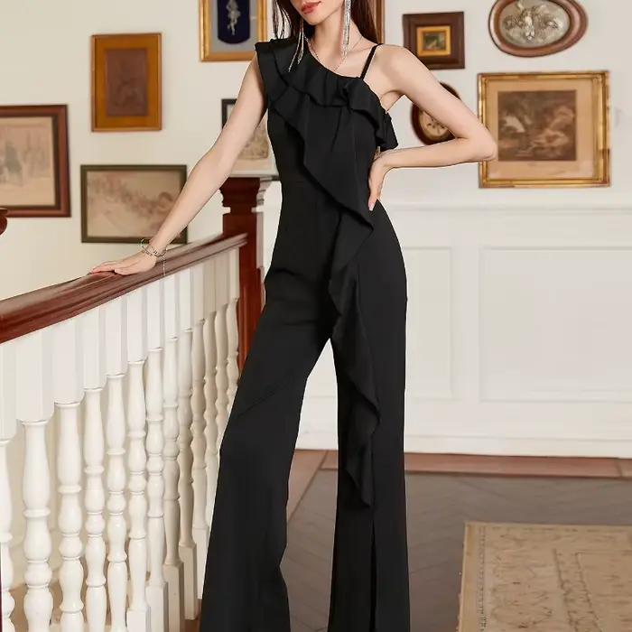 Combinaison Chic asymétrique épaule dénudée à volants pour femmes