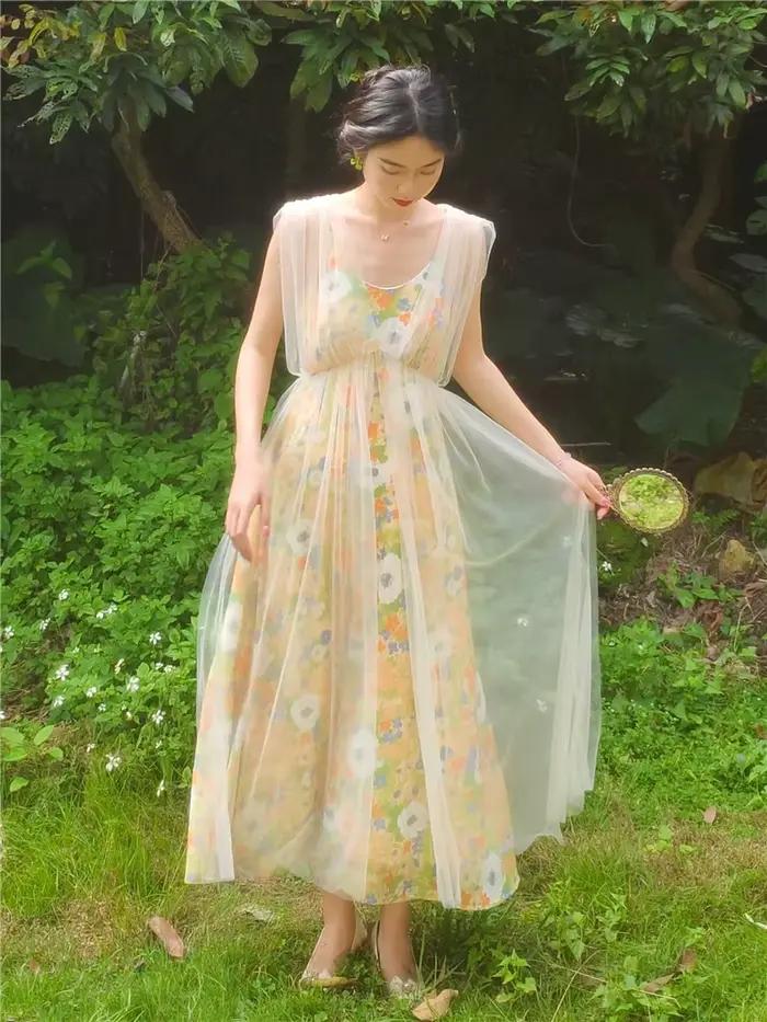 Robe féerique d'été Vintage Mori Girl en Polyester et Maille pour Femmes Occasions Spéciales