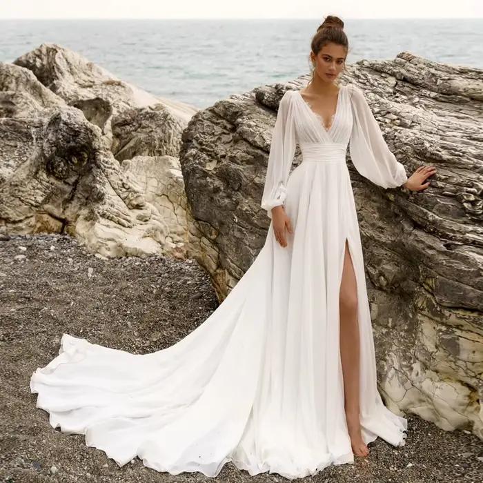 Jiayigong plage robe de mariée pour les femmes personnalisé à manches longues col en V dentelle haute fente Sexy robes