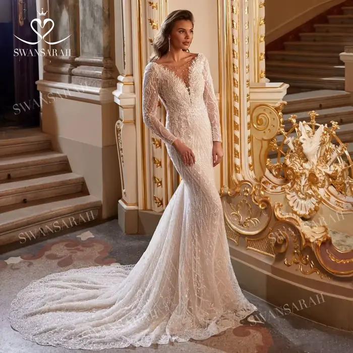 Robe de mariée sirène brillante à manches longues avec poignées amovibles