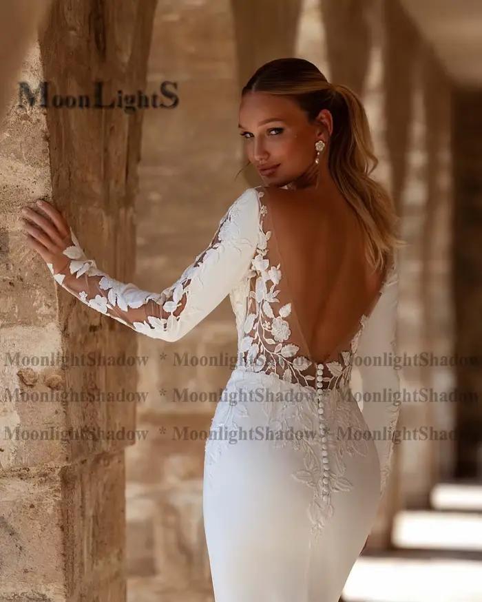 Moonlight charmante sirène robes De mariée pour les femmes dentelle Appliques col en V robe De soirée De Mariage