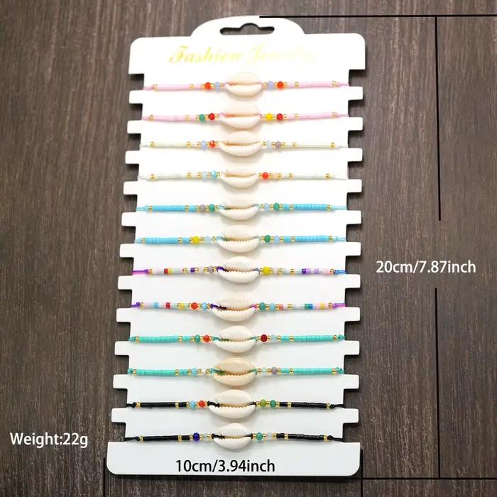 Bracelet en corde coquillage style vacances, lot de 12 pièces, unisexe, réglable, coloré, perles de riz bohèmes, décontracté, plage, couple, bijoux