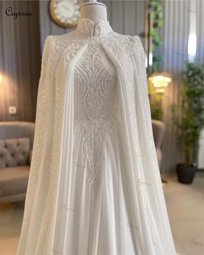 Robe de mariée musulmane de luxe personnalisée Ciynsia 2026 en mousseline avec perles