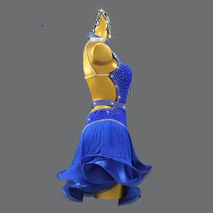 Robe de danse latine bleue 2026 élégante pour femmes compétition bal promotionnelle strass motifs nylon tricoté