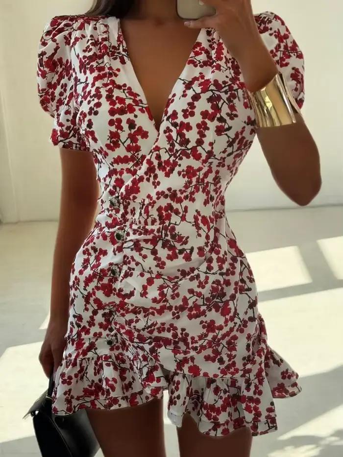 Robe d'été décontractée pour femme à taille haute, style bohème, mini-robe de plage à volants, imprimé floral vintage, robe de soirée à manches courtes
