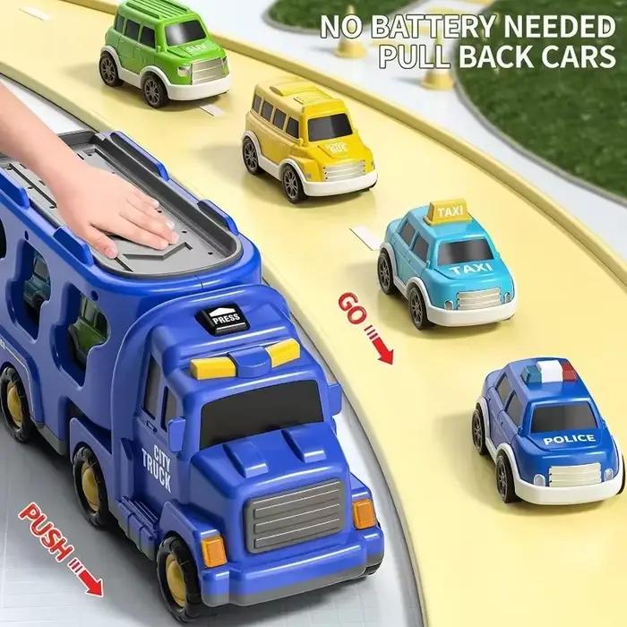 Jouet de camion transporteur de grande taille – Ensemble de véhicules d'ingénierie/incendie/police avec entraînement à friction, effets sonores et large stockage | Enfant en bas âge