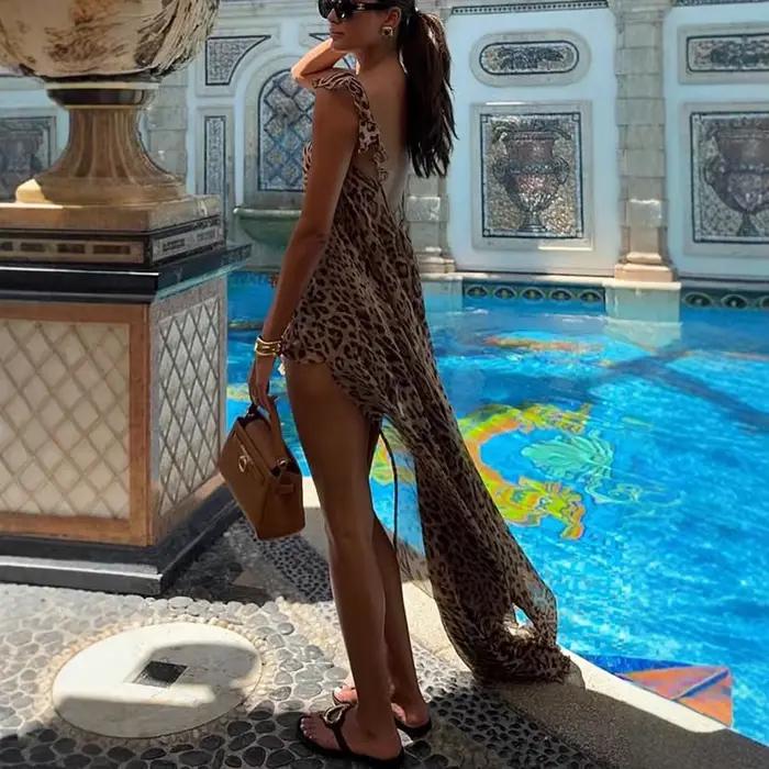 Été 2025 nouveauté femmes plage vacances robe ensemble en mousseline de soie imprimé licou longue