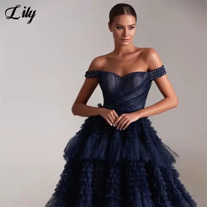 Lily-Robe de soirée chic en filet bleu marine pour femme