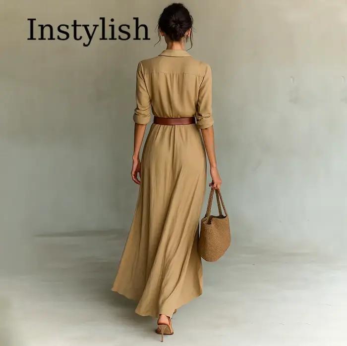 Robe longue kaki pour femme à col revers et manches longues