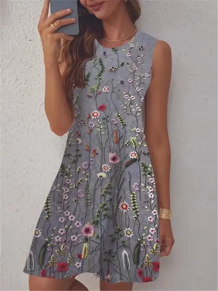 Motif Floral Femmes Tendance Mini Robes D'été Sans Manches 3d Fleur Imprimé Rue Dames Robe Tenue Décontractée Y2k