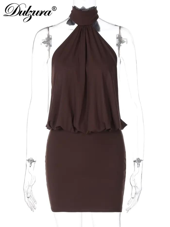Dulzura été mode Sexy licou sans manches à lacets dos nu moulante Mini robe femmes solide élégant fête Club tenue de rue