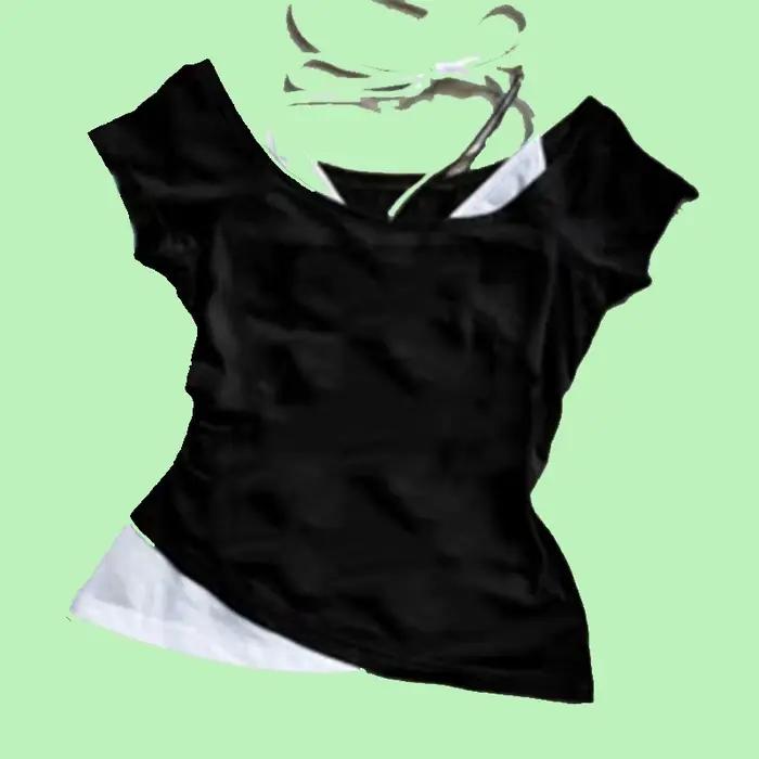 Été streetwear Nozioni de base gothique coupe ajustée faux deux pièces haut court années 90 Vêtements rétro T-shirt