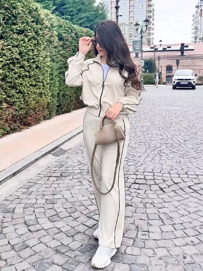 HH femmes pantalons décontractés costume fermeture éclair rayure décorer manteau ample haut + mode taille élastique